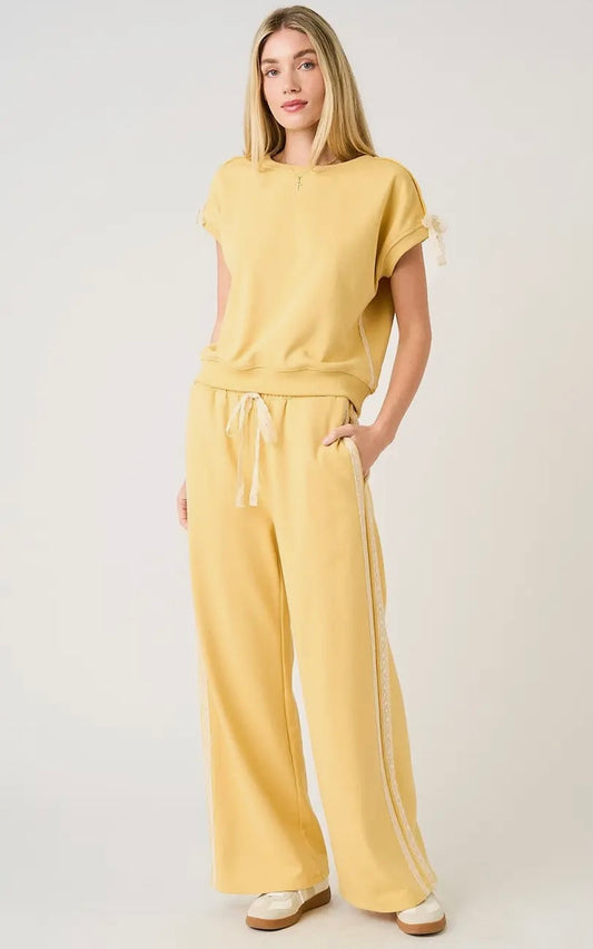 Lace Striped Elastic Waist Terry Sweatpants