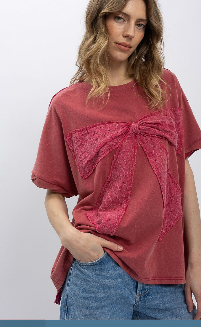 Magenta Short Sleeve Ribbon Shirt