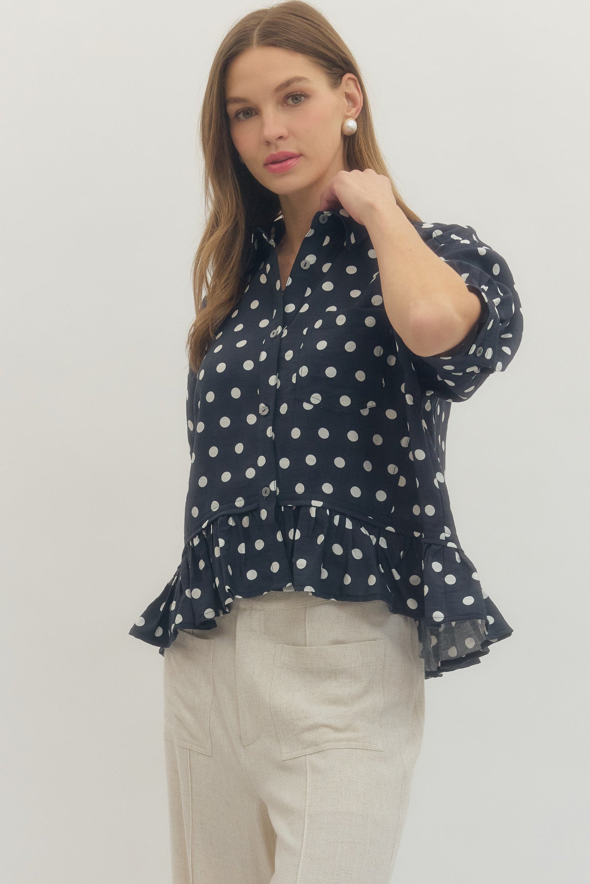 Navy Polka Dot Top with Ruffle Hem