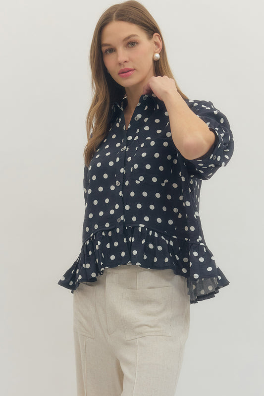 Navy Polka Dot Top with Ruffle Hem