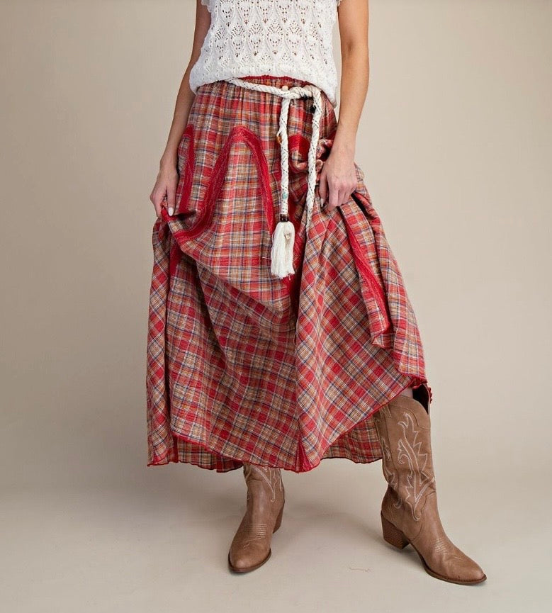 Plaid Mix Lace Trim Skirt