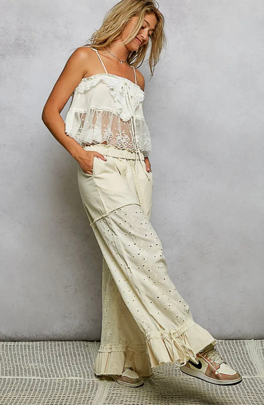 Eyelet Ruffle Vintage Wide Leg Pants
