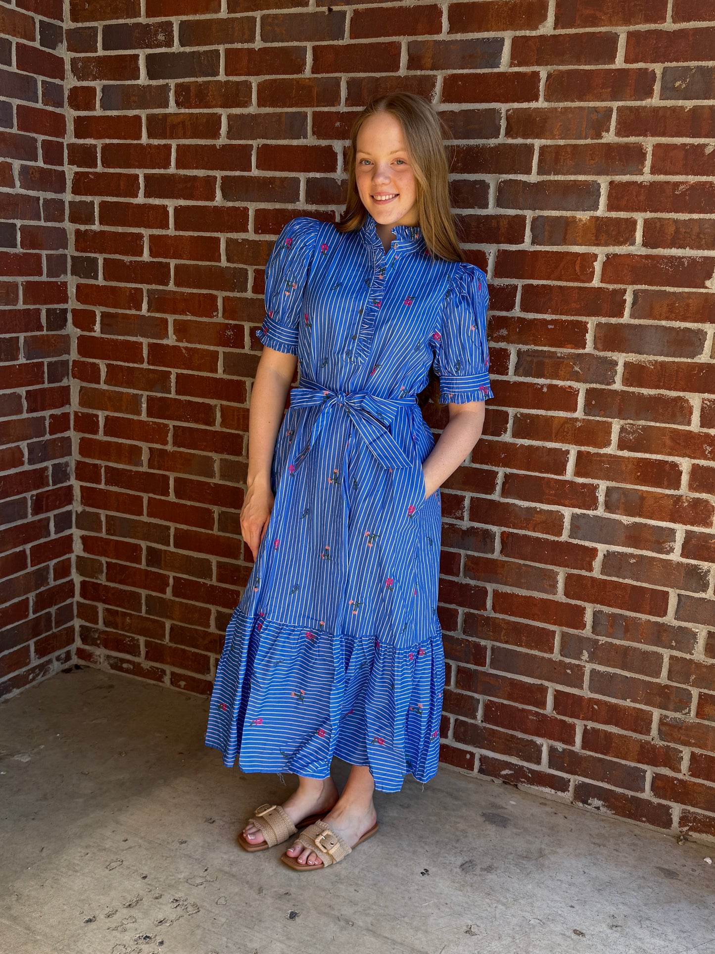 Blue Stripe Midi with Embroidered Flowers