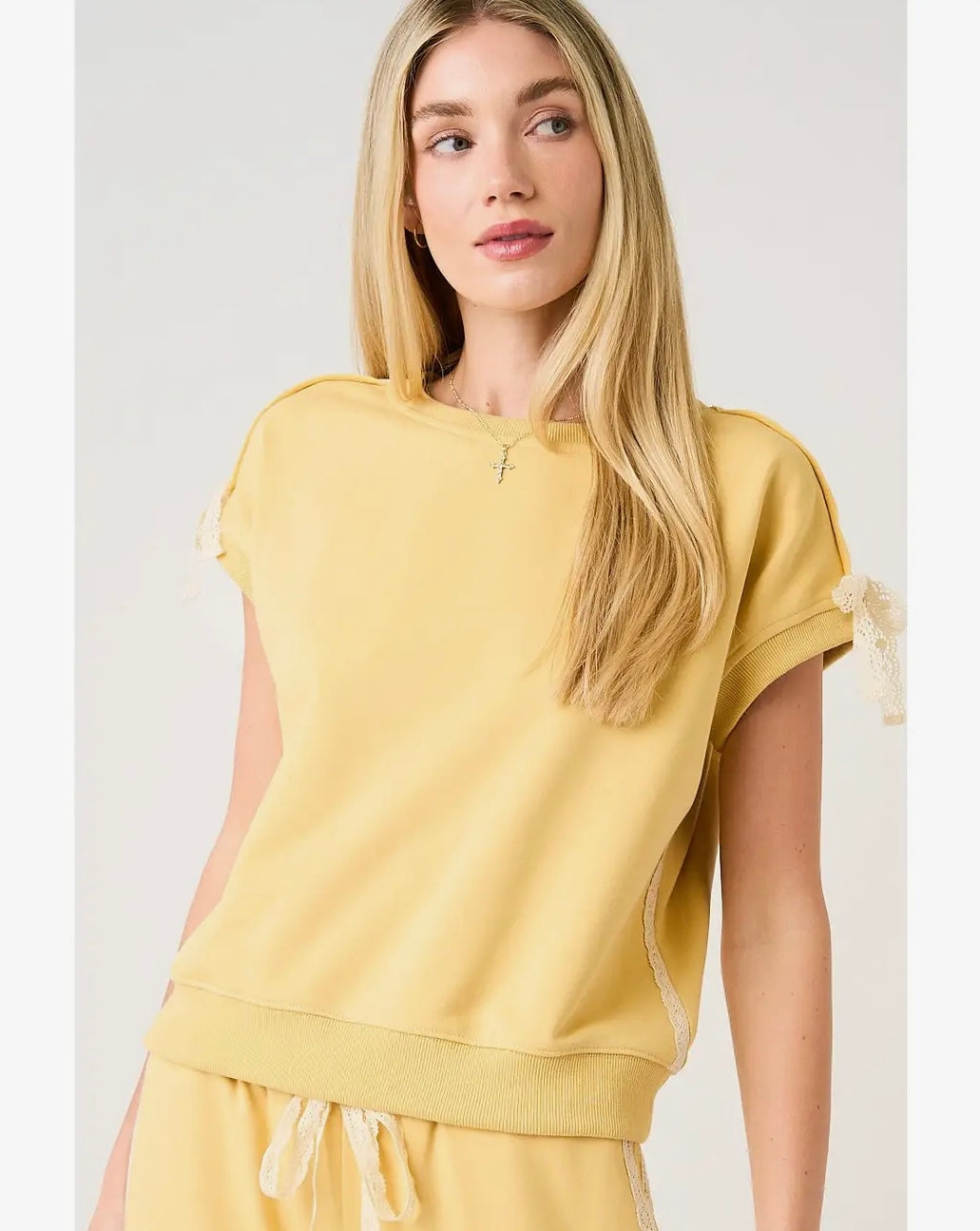 Lace Striped Bow Shortsleeve Sweatshirt