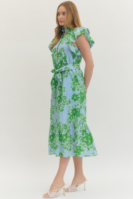 Blue and Green Eyelet Floral Midi Dress