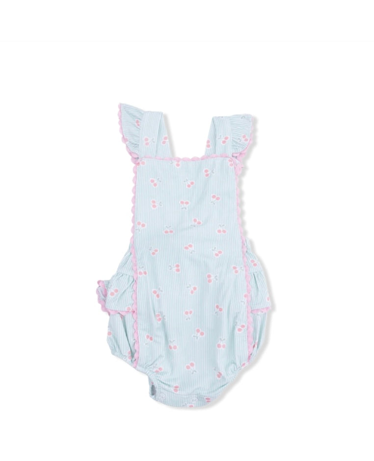 Tiny Cherry Stripe Ric Rac Ruffle Sunsuit