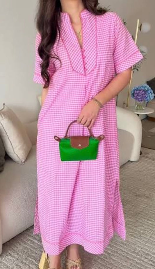 Gingham Midi Dress with Contrasting Detail