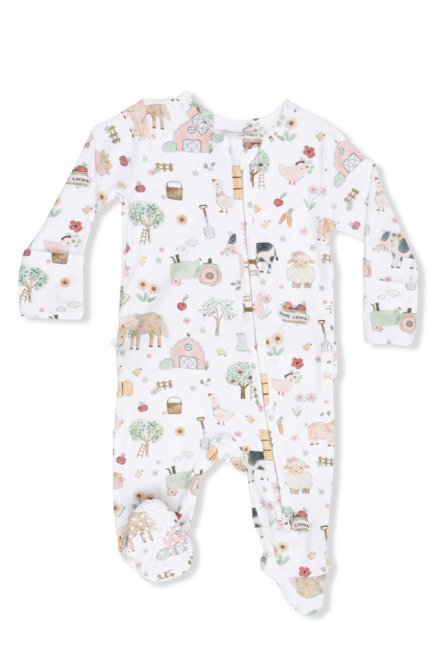 Cute Farm Animals Pink 2 Way Ruffle Back Zipper Footie