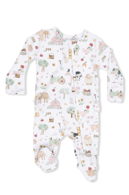 Cute Farm Animals Pink 2 Way Ruffle Back Zipper Footie