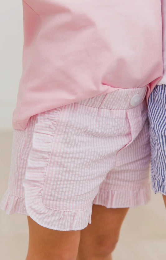 Toddler Girls Pink Seersucker Ruffle Shorts