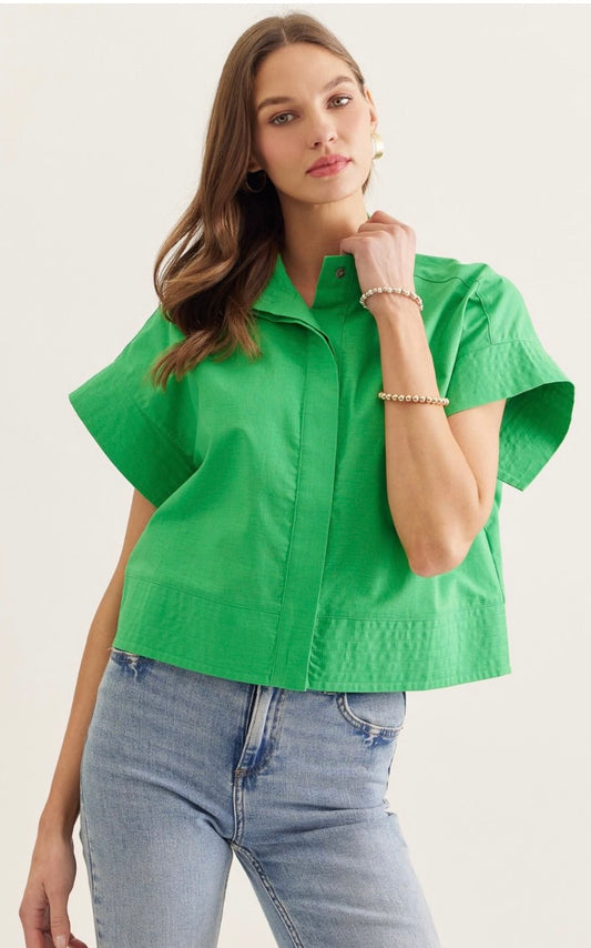 Linen Blend Top with Hidden Buttons