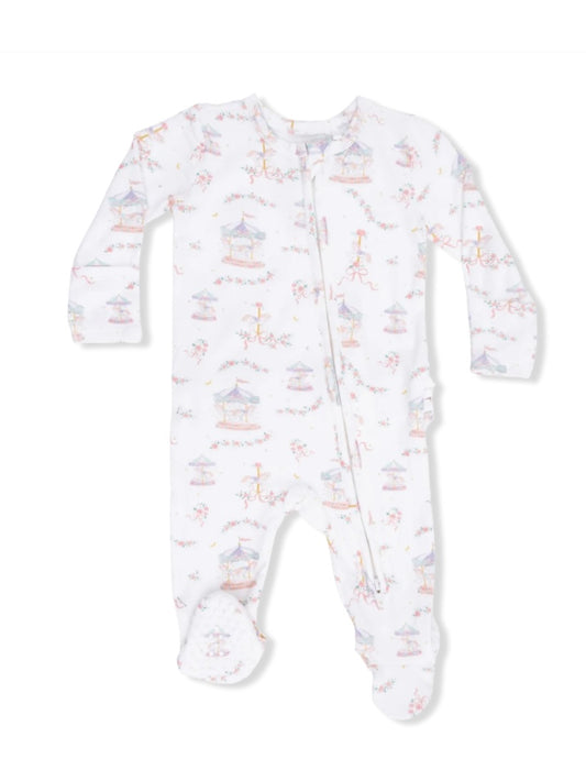 Carousel with Bows 2Way Ruffle Back Zipper Footie