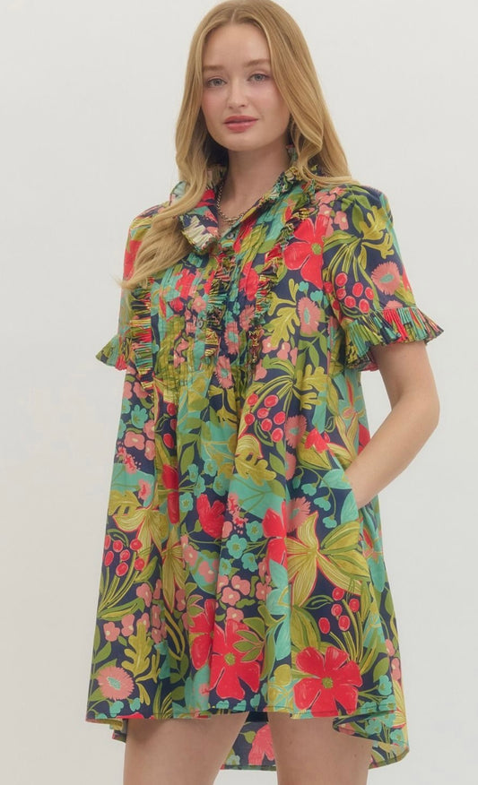 Floral Mini Dress with Pleated Ruffle Detail
