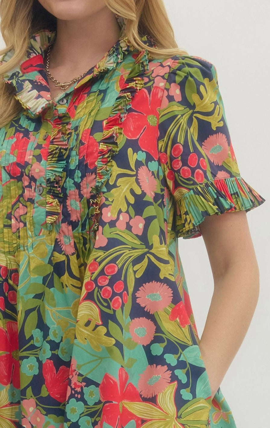 Floral Mini Dress with Pleated Ruffle Detail