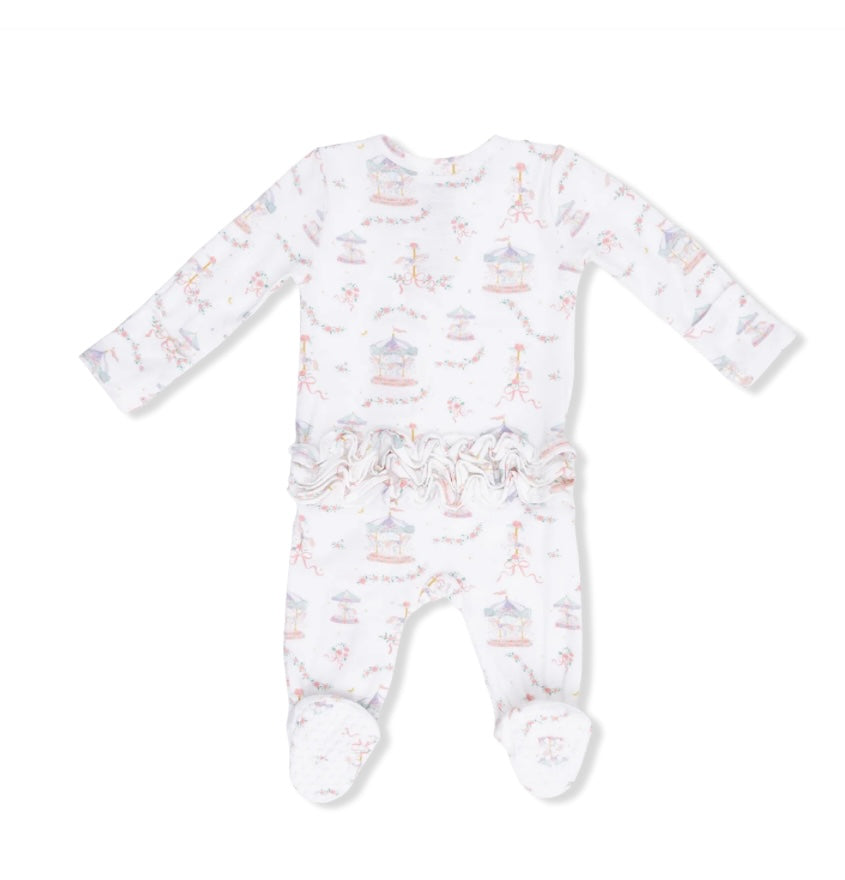 Carousel with Bows 2Way Ruffle Back Zipper Footie