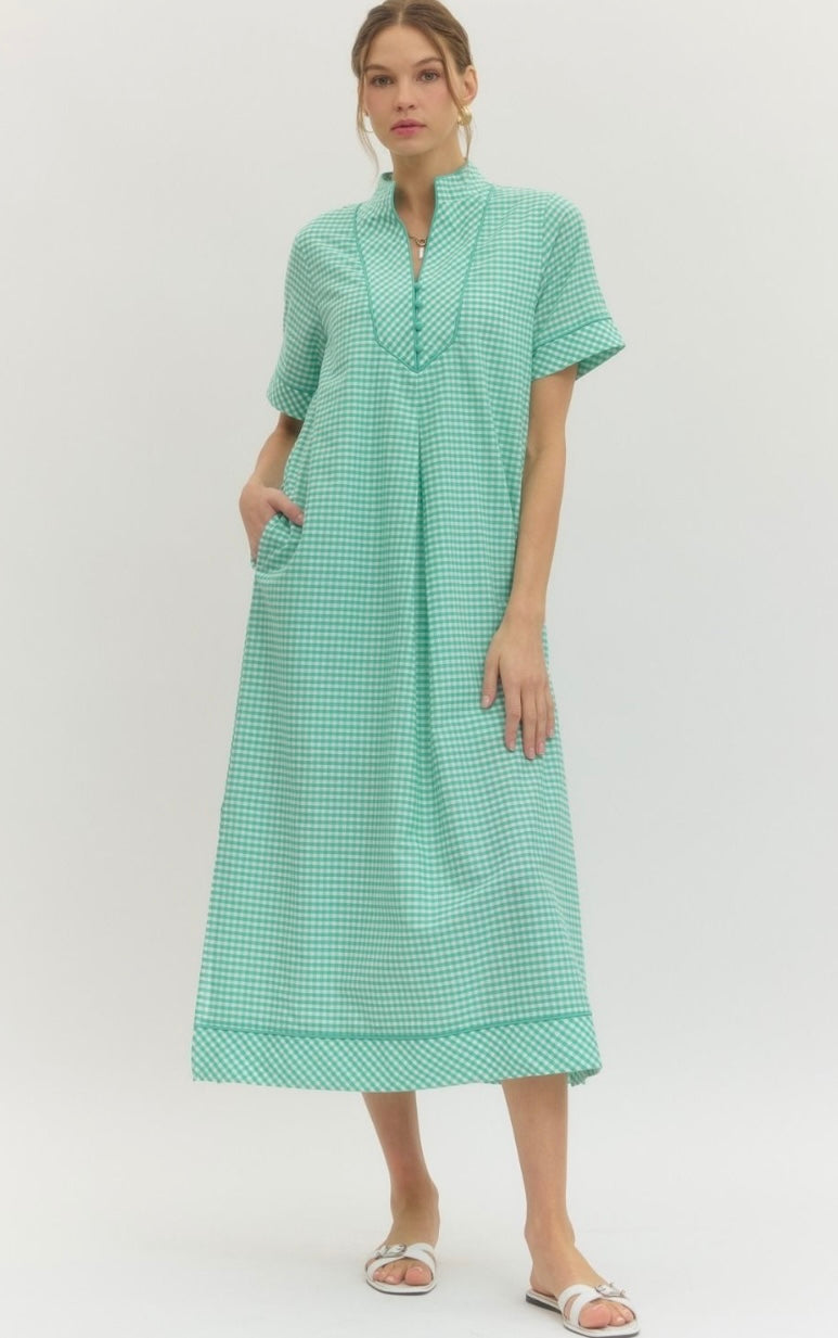 Gingham Midi Dress with Contrasting Detail