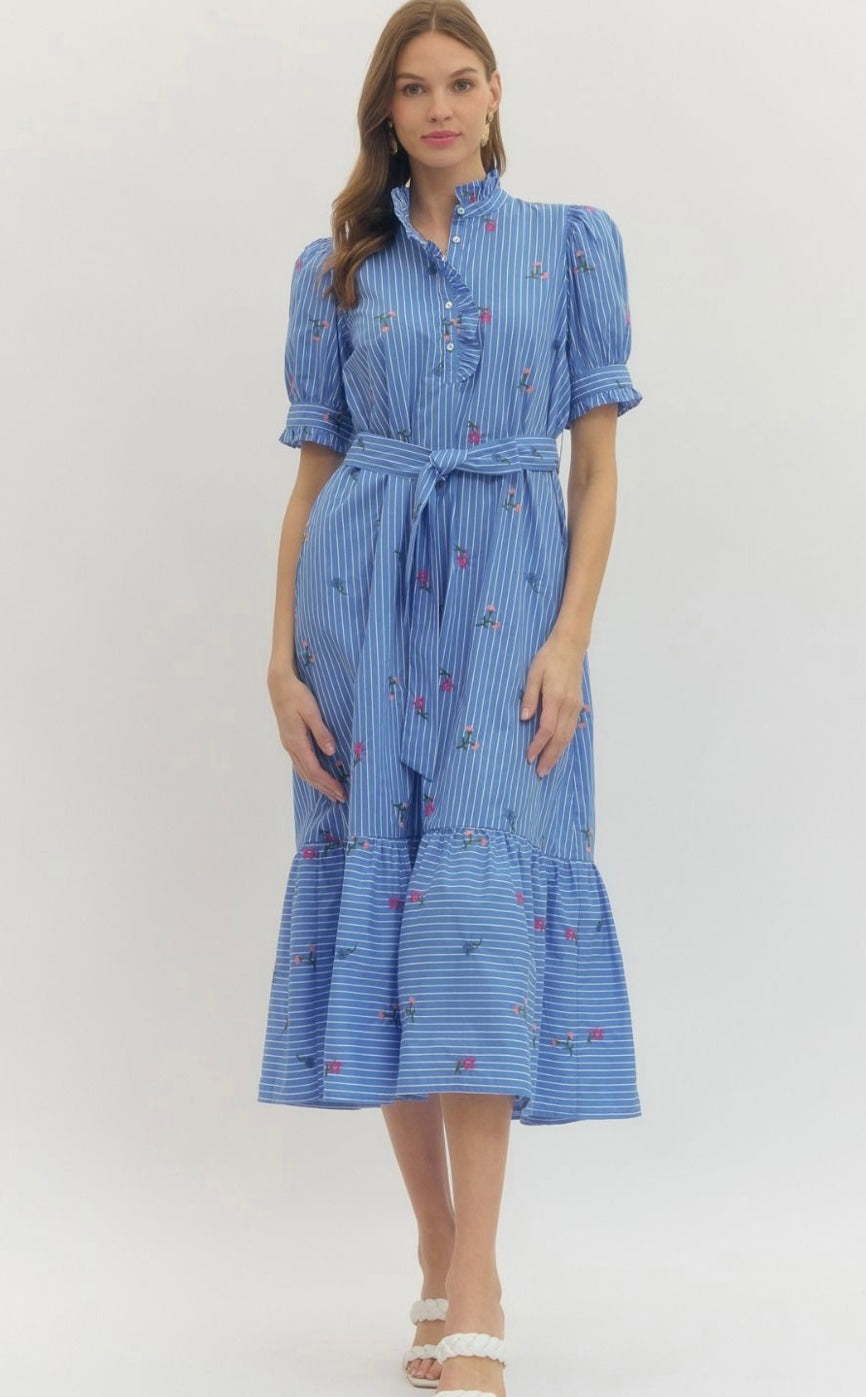 Blue Stripe Midi with Embroidered Flowers