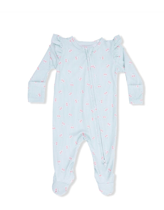 Tiny Cherry Stripe 2 Way Ruffle Sleeve Zipper Footie