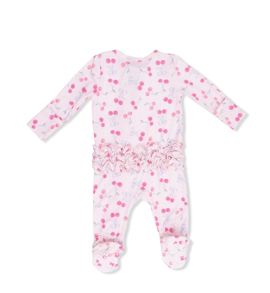 Sweet Bow Cherries 2 Way Ruffle Back Zipper Footie