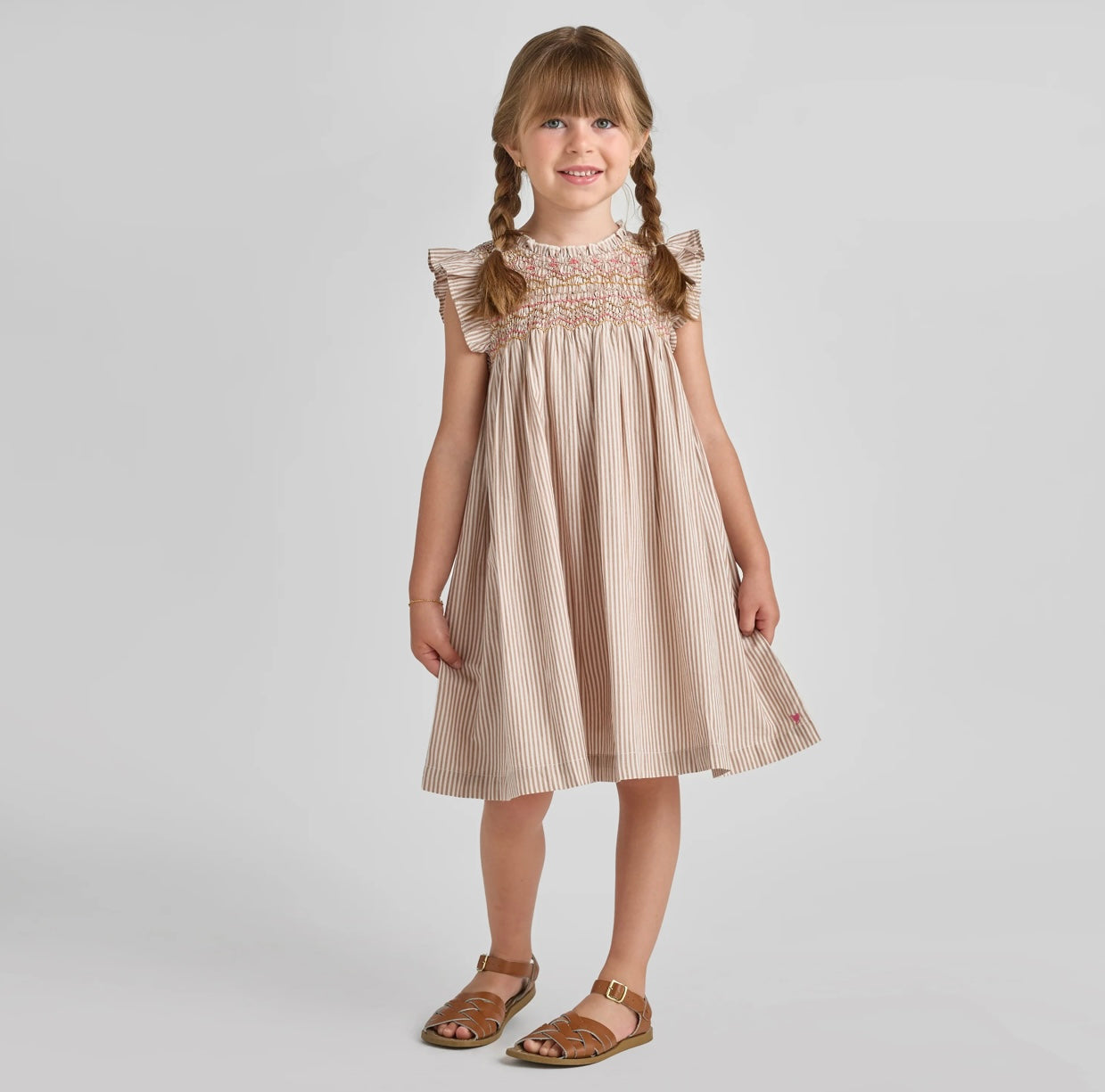Girls Stevie Dress-Tawny Brown Smocked Stripe
