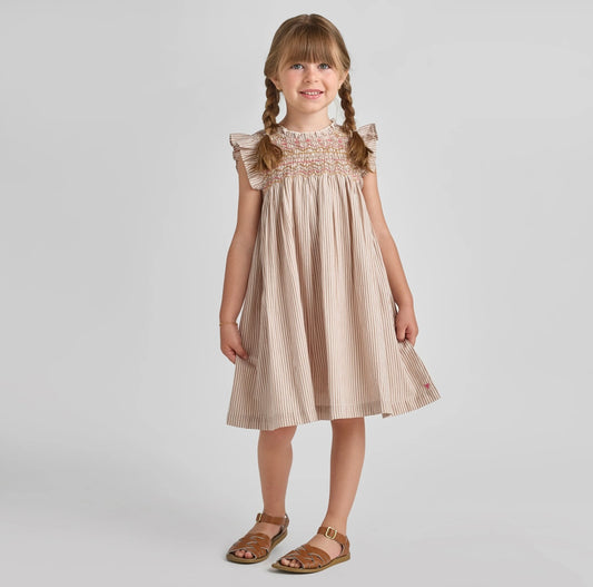 Girls Stevie Dress-Tawny Brown Smocked Stripe