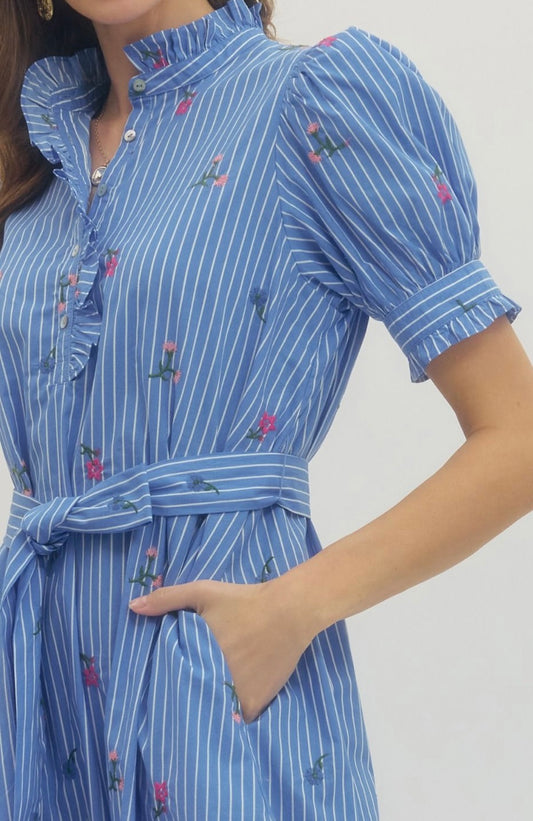 Blue Stripe Midi with Embroidered Flowers