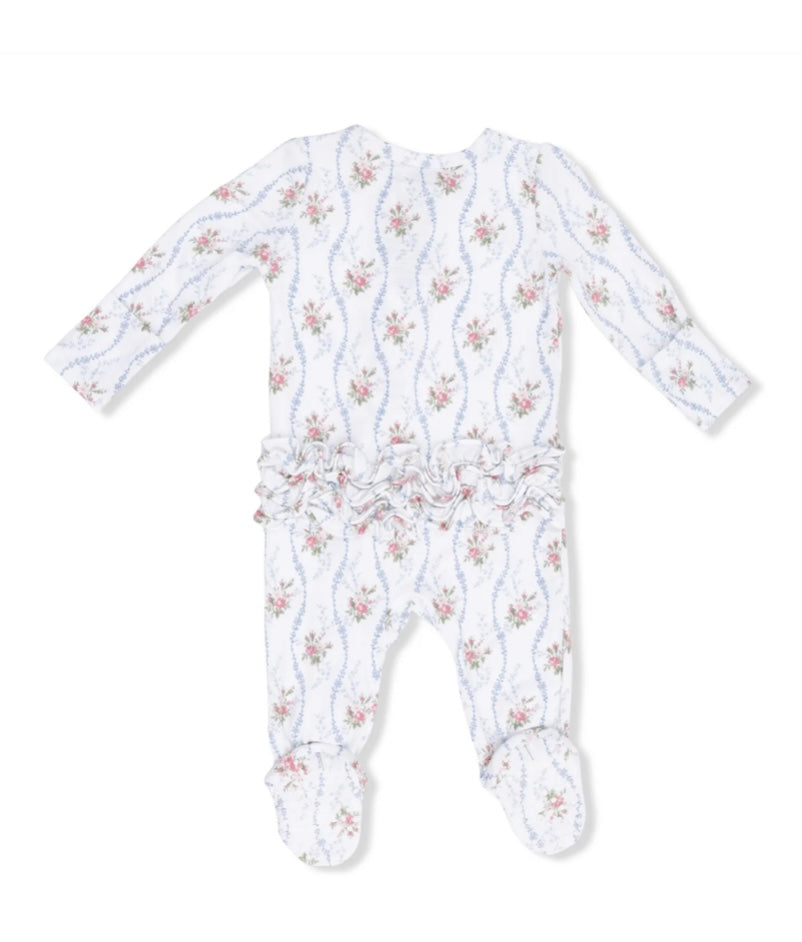 Heirloom Rose Stripe 2 Way Ruffle Back Zipper Footie