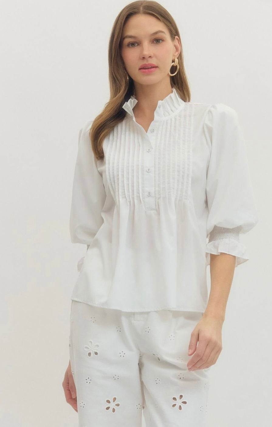 Solid Pintuck 3/4 Sleeve Top