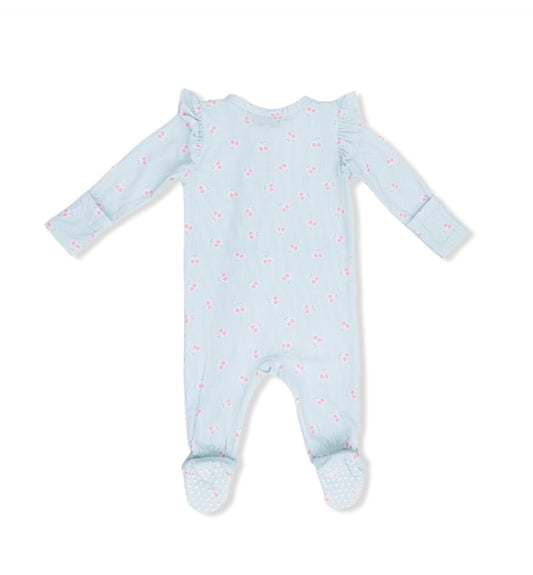 Tiny Cherry Stripe 2 Way Ruffle Sleeve Zipper Footie
