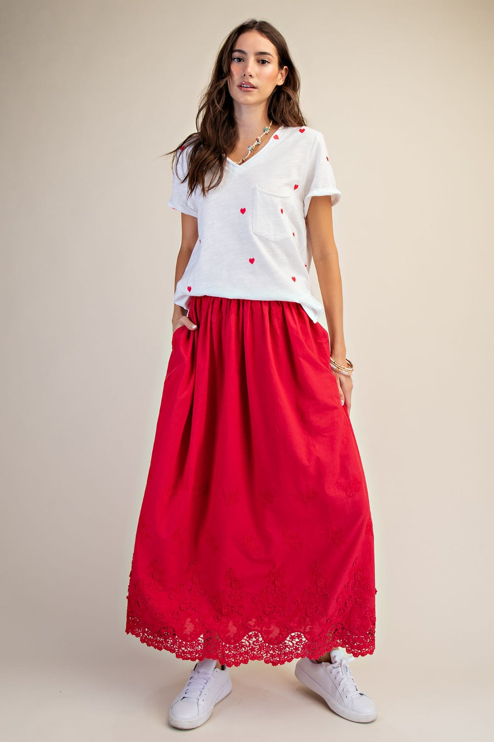 Vintage Red Embroidered Lace Trim Skirt