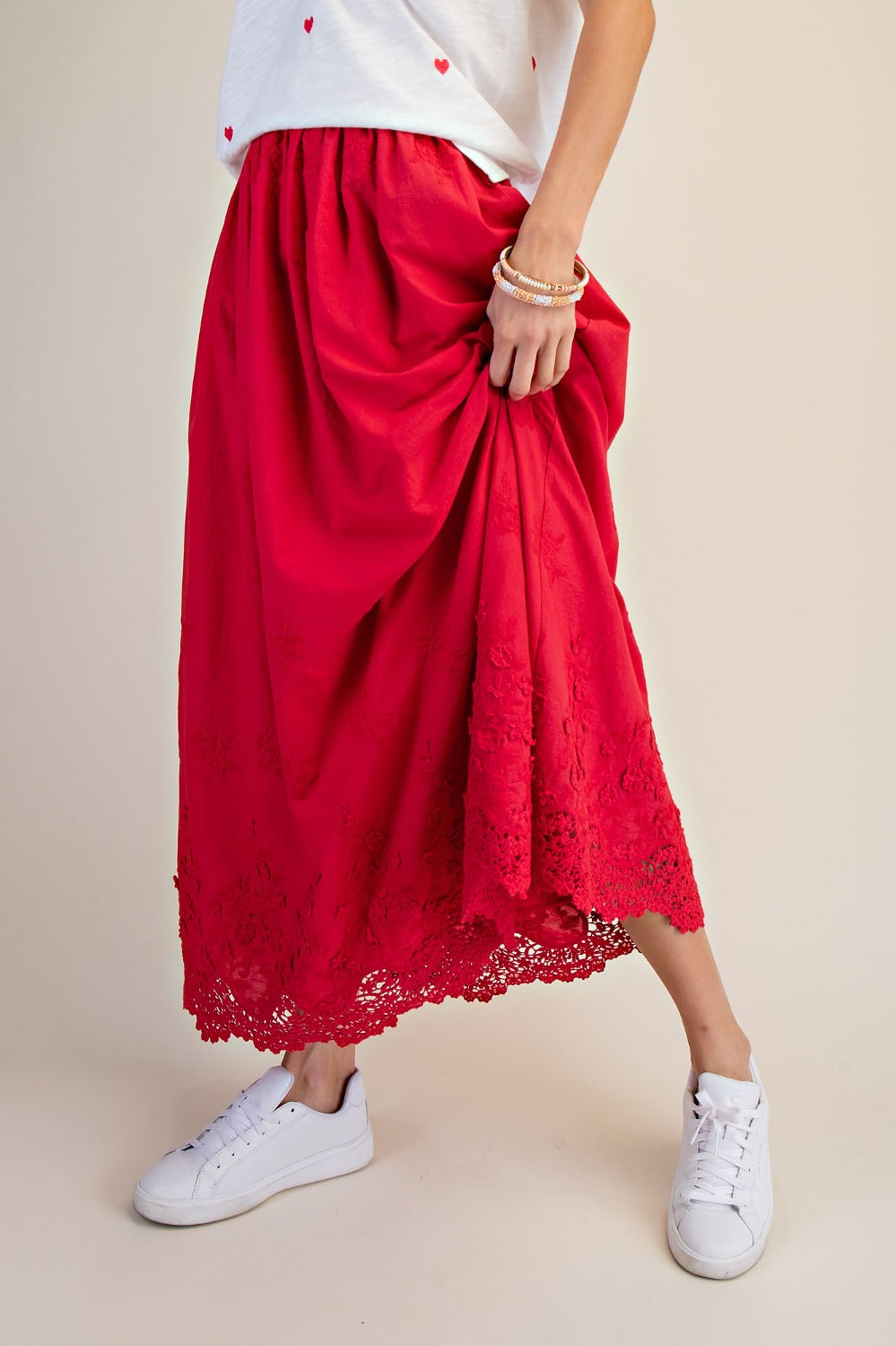 Vintage Red Embroidered Lace Trim Skirt