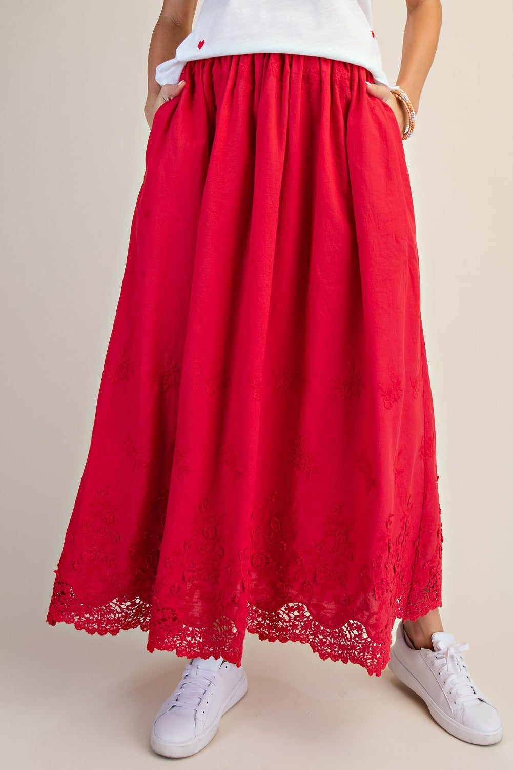 Vintage Red Embroidered Lace Trim Skirt