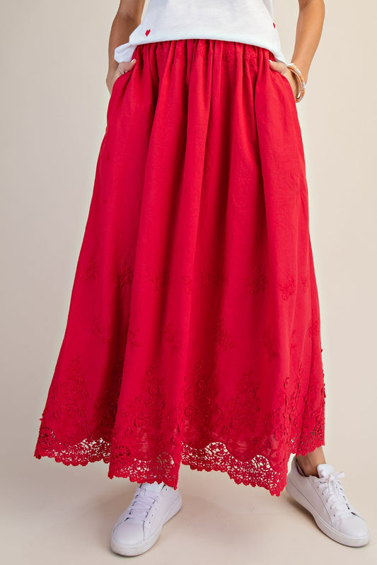 Vintage Red Embroidered Lace Trim Skirt
