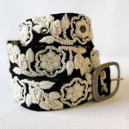Two-Tone Embroidered Wool Belt, Black/Cream