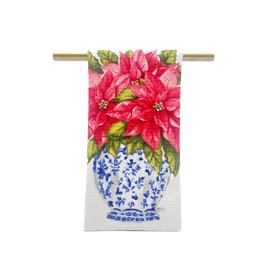 Antique Red Poinsettia Tea Towel - Christmas Hand Towel