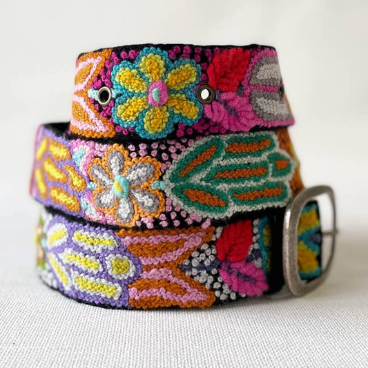 Folklorica Floral Embroidered Wool Belt, Black