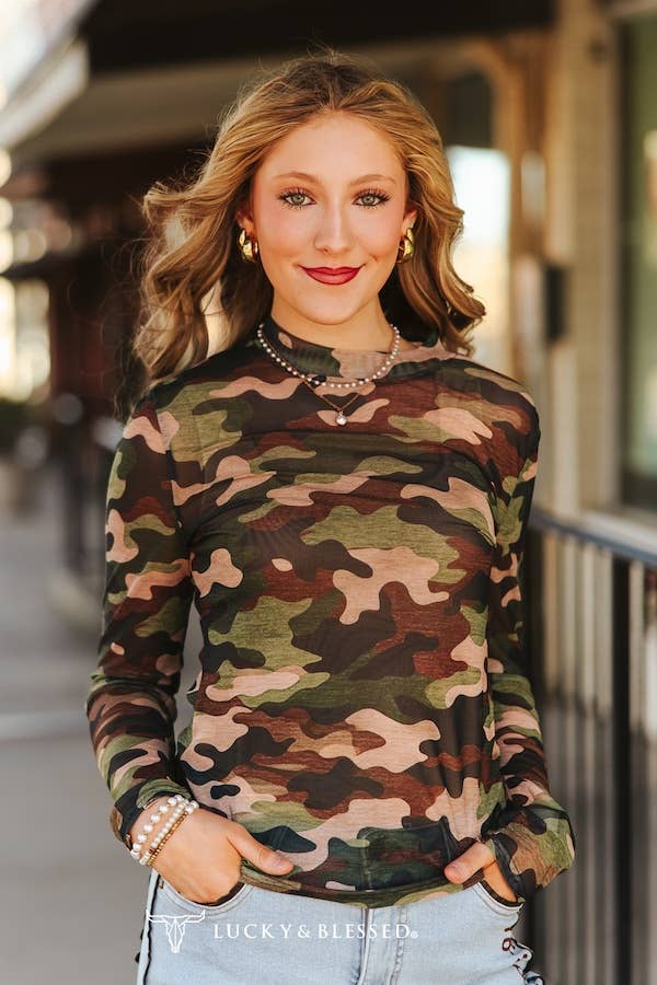 Camo Printed Long Sleeve Mesh Tops