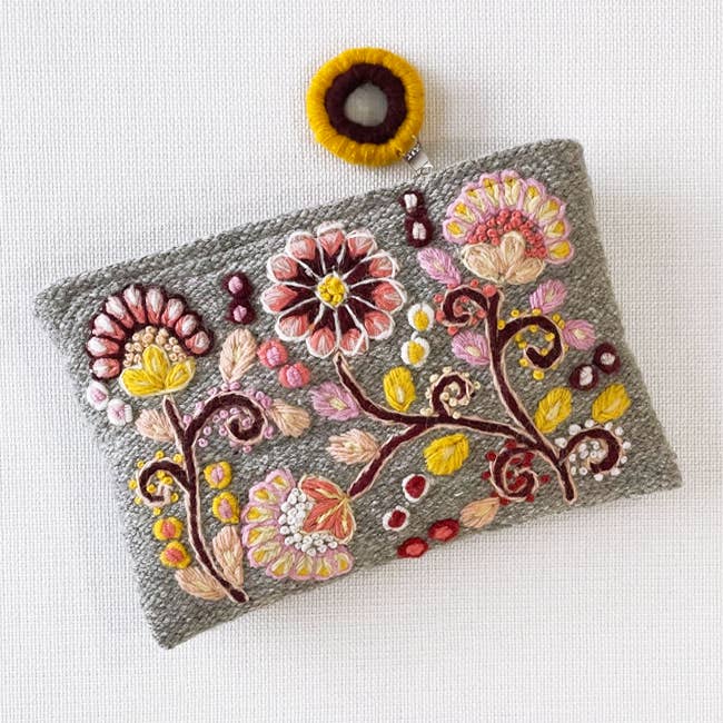 Heather Gray Embroidered Wool Pouch